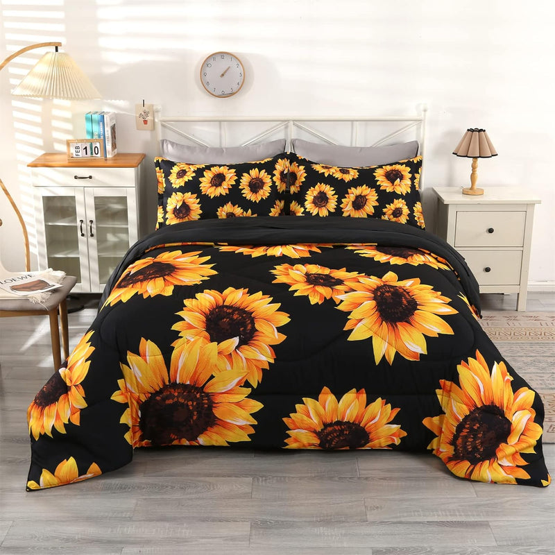 Sunflower Bedding Set King Size, Flower Comforter Sets, 5 Piece Black Bedding