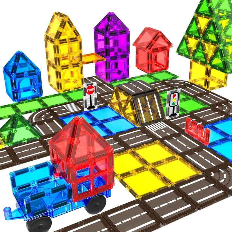Magnetic Tiles Road Sets With Car, Magnetic Building Blocks Toys For 3+ Yea