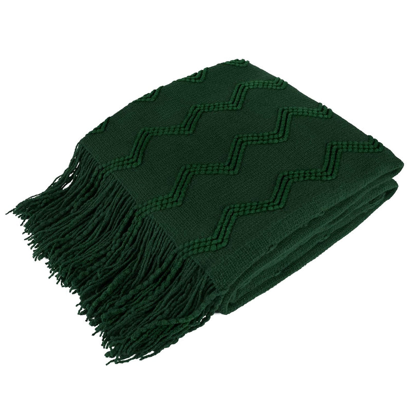 Knitted Throw Blanket Fringe Emerald Green Dark Forest | Decorative Tassel Boh