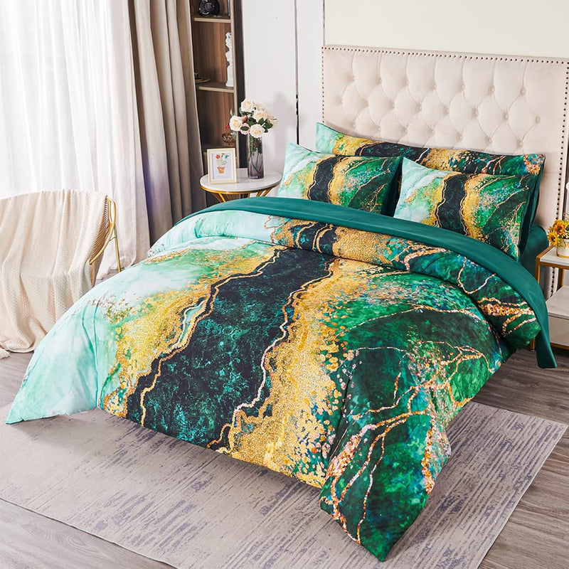 Green Marble Pattern Bedding Sets Queen Size Watercolor Tie Dye Quilt Sets Lux