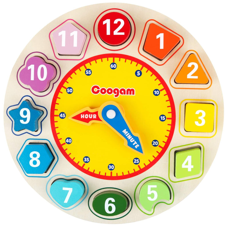 Coogam Wooden Shape Color Sorting Clock – Teaching Time Number Blocks Puzzl