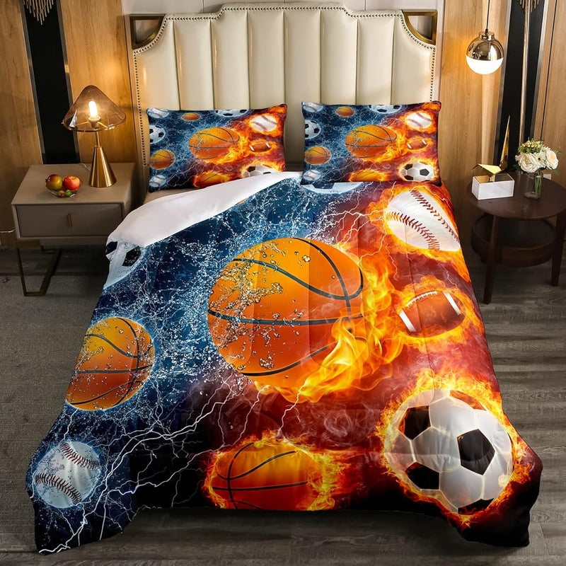 Sports Bedding Set For Boys Twin,Baseball Basketball Comforter Set Soccer Foot