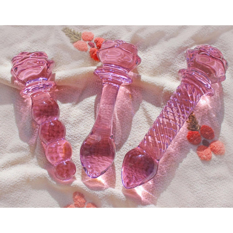 3-Piece Pink Glass Dildo Butt Plug, Crystal Rose Anal Plug Beads Dildo, Adult Anal Training Sex Toys Set For Men And Women, Three Cute Styles Of Beginner Anal Wands For Varied Stimulation