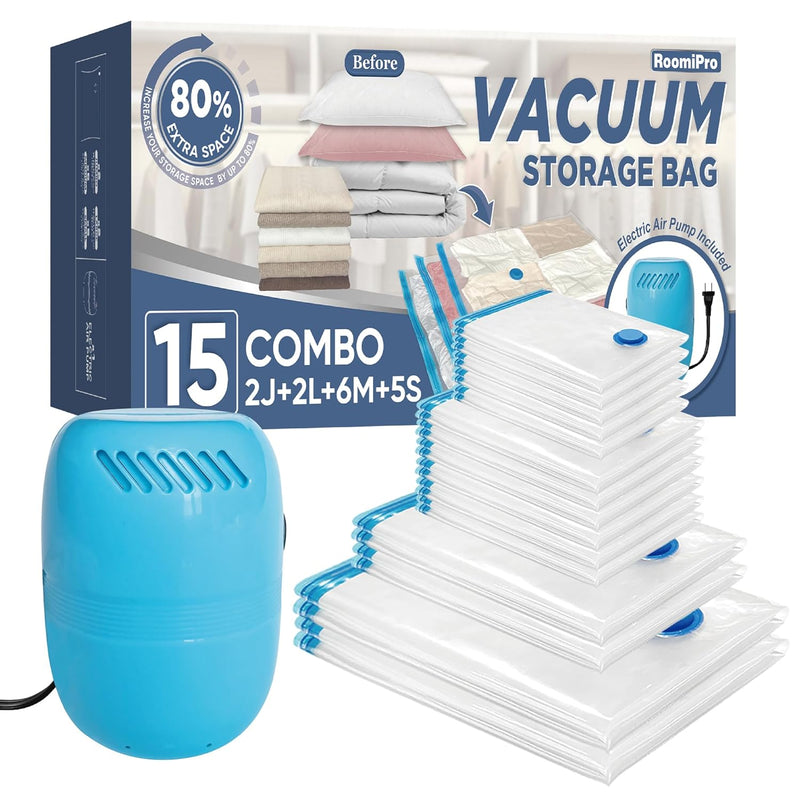 Vacuum Storage Bags With Electric Pump, 15 Pack (2 Jumbo/2 Large/6 Medium/5 Smal