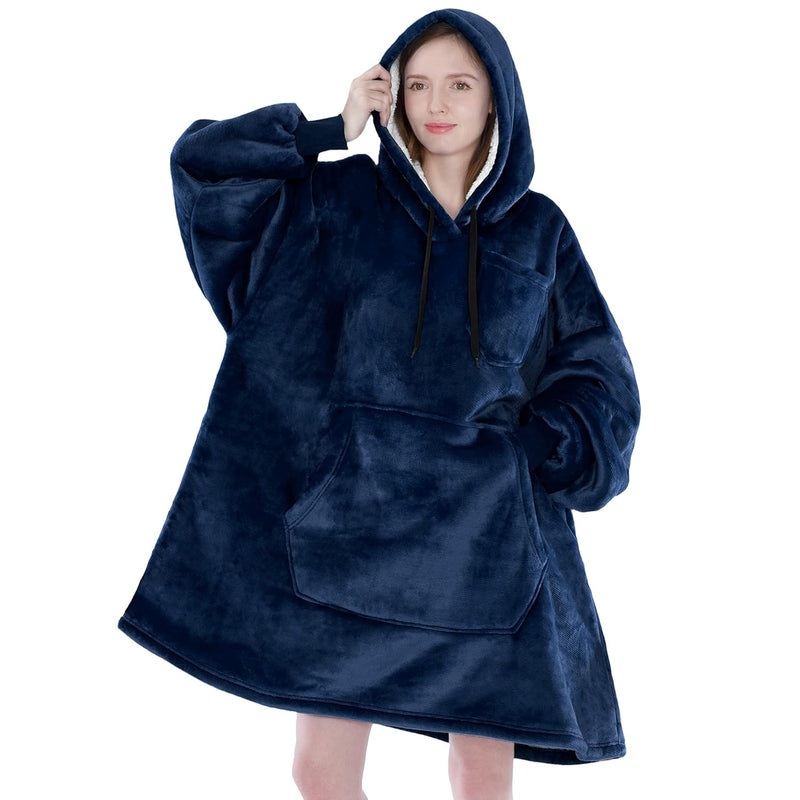 Wearable Blanket Sweatshirt For Women Men, Navy Dark Blue, Warm Cozy Giant Bla