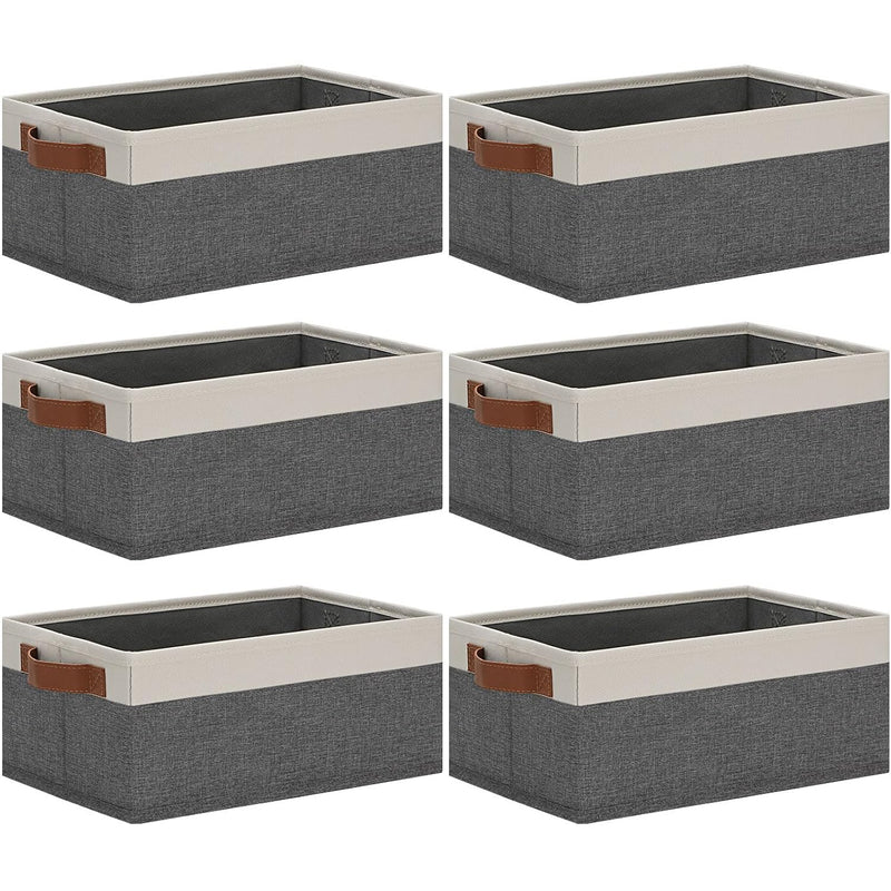 Small Storage Bins 6 Pack, Storage Basket With Leather Handles, Collapsible Stor