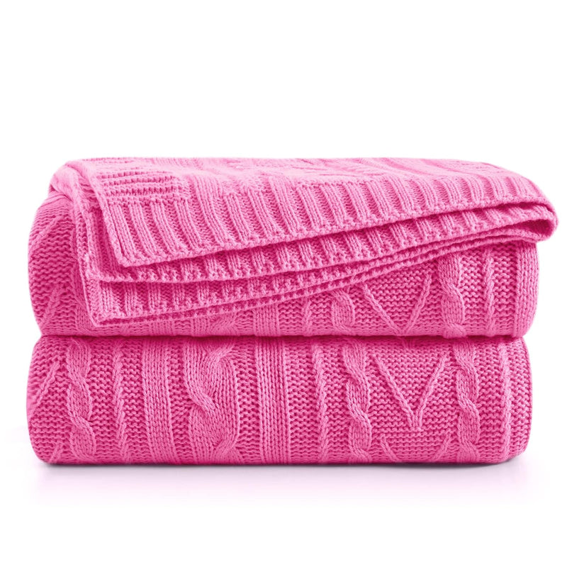 Hot Pink Cable Knit Throw Blankets For Couch Bed Sofa, Acrylic Knitted Blanket