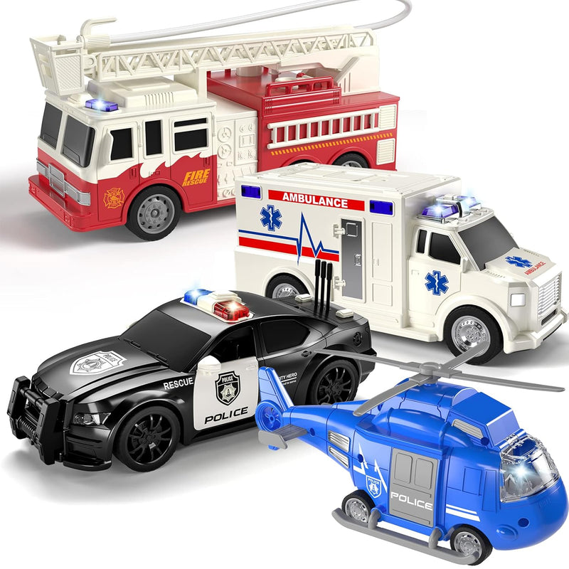 TEMI 4 Pack Emergency Vehicles for Kids, Helicopter, Police Car, Fire Truck