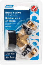 Camco Solid Brass Water Wye Valve- Easy Grip Valve Handles and Simple Water Hose Connection CSA Low Lead Certified - (20123)