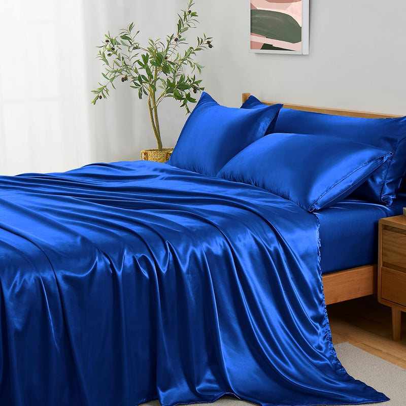 5Pcs Silky Satin Sheets Set, King Size Satin Bed Sheets Set, Royal Blue Luxury