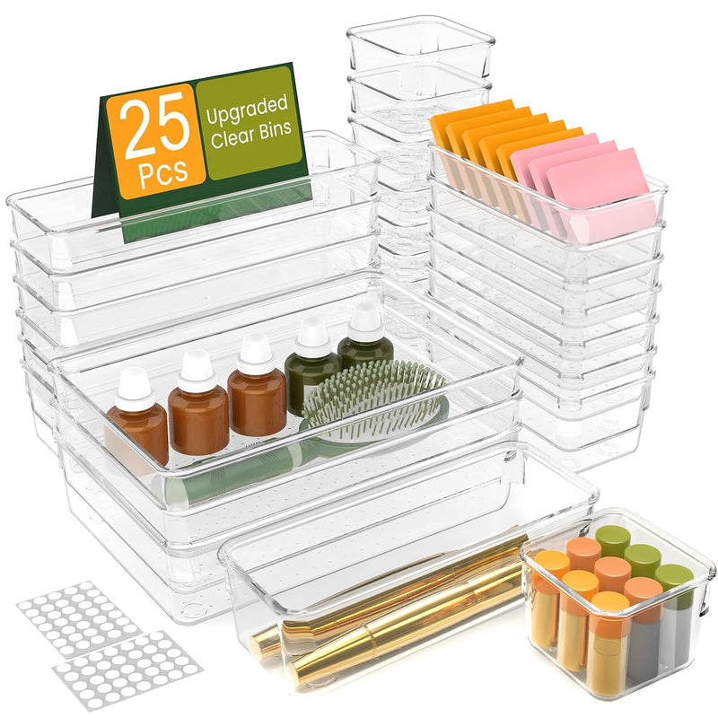 25Pcs Extra Sturdy Clear Plastic Drawer Organizer Trays With 100Pcs Non-Slip Pad