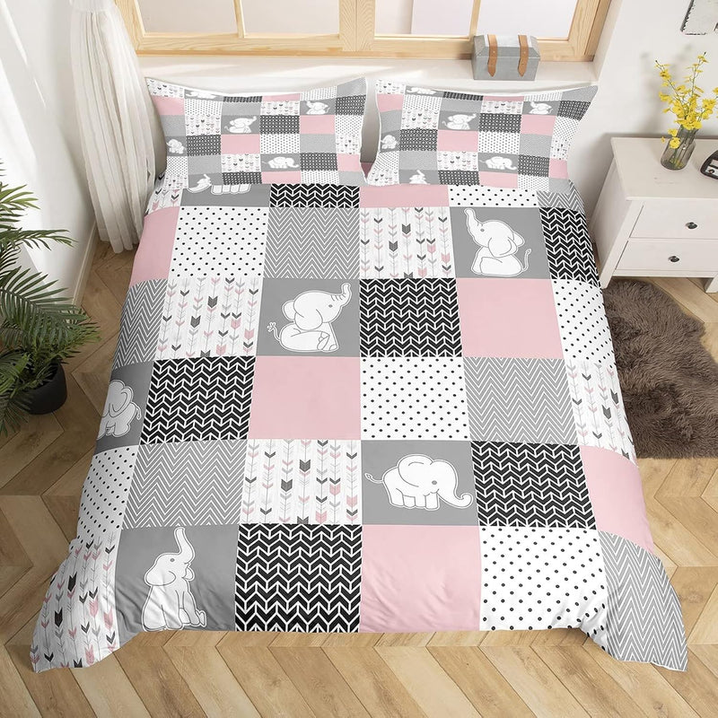 Cute Elephant Bedding Set Twin Size For Kids Boys Bedroom,Wavy Stripes Bed Duv