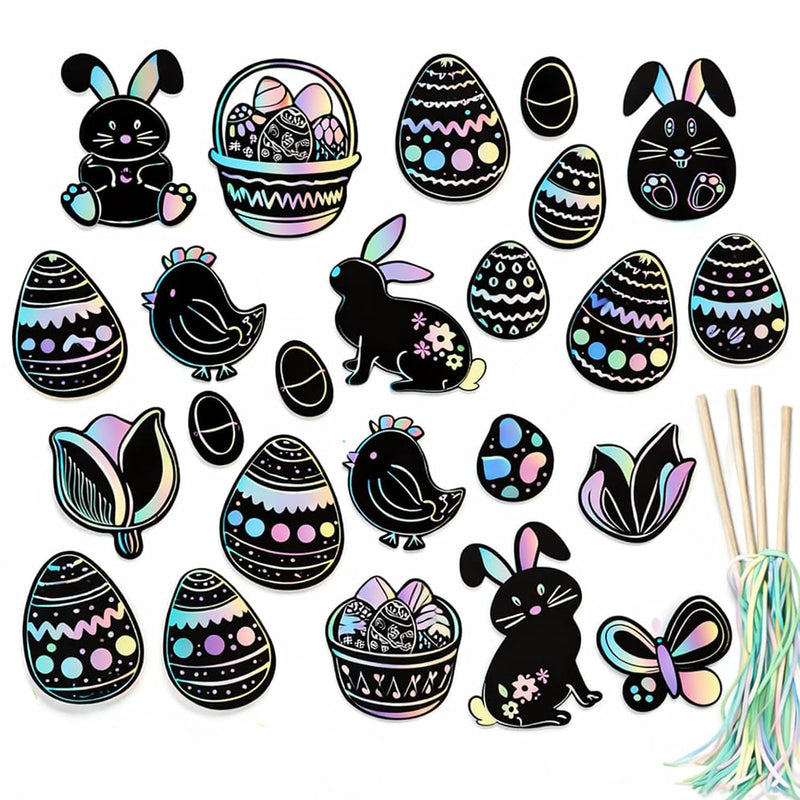 48 Count Easter Scratch Art Ornaments with 24 Sticks, Pastel Rainbow Set