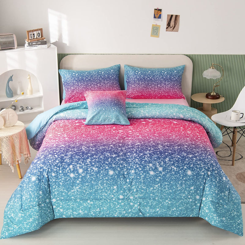 6Pcs Gradient Glitter Bedding Set For Girls Twin Size, Colorful Rainbow All-Se