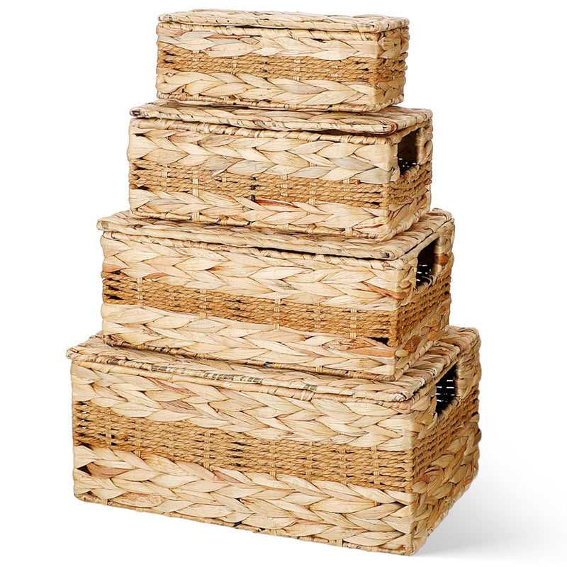 Set Of 4 Water Hyacinth Storage Basket With Lid, Pantry Rectangle Basket Organiz