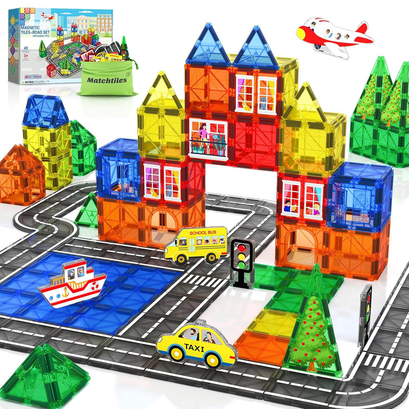 Magnetic Tiles Road Set With Cars, Magnetic Blocks Toys For Toddlers Stem P