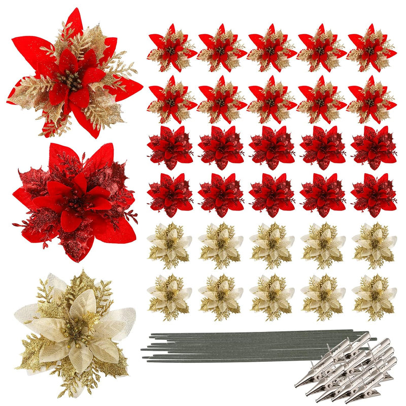 30 Pack 5 Inches Christmas Glitter Poinsettia Flowers, Glitter Christmas Artif