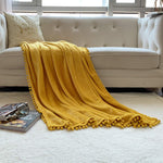 Flannel Blanket With Pompom Fringe Lightweight Cozy Bed Blanket Soft Throw Blanket Fit Couch Sofa Suitable For All Season(Mustard Yellow, 40''X 50'')