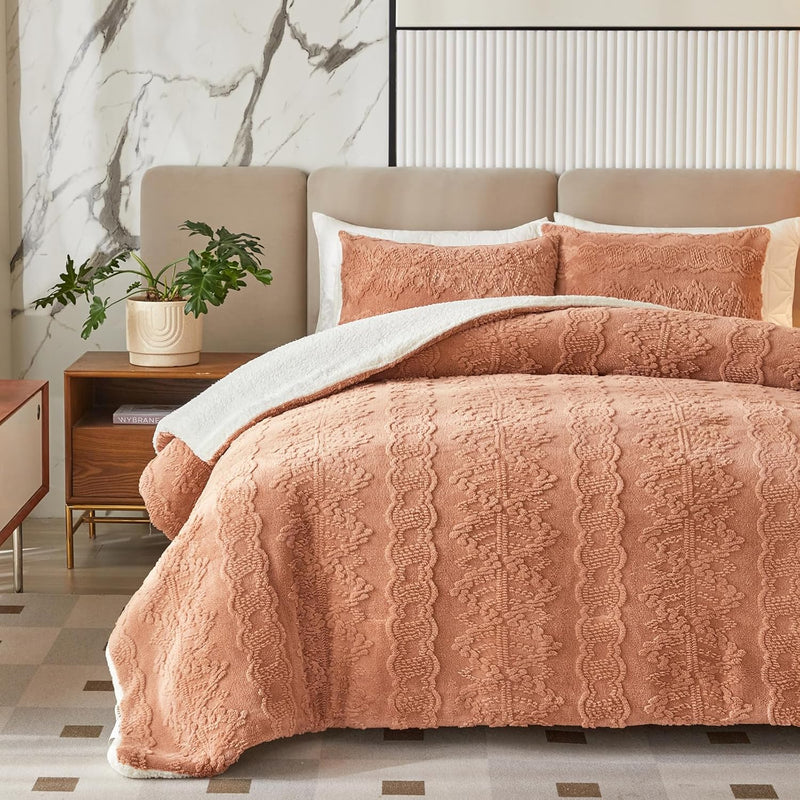 Luxury Flannel Fleece Sherpa Comforter Set Twin Size, Jacquard Boho Stripes Do