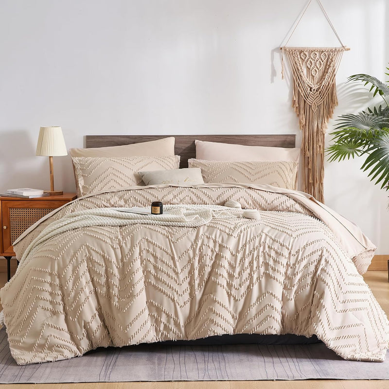 Khaki Twin Comforter Set With Sheets,Tufted Bed In A Bag 7 Pieces, Chevron Boh