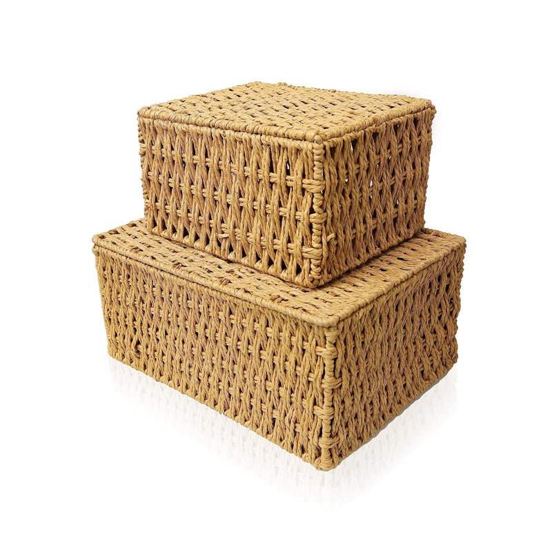 Woven Stackable Storage Baskets With Lid, Decorative Rope Organizer Bin - Set Of