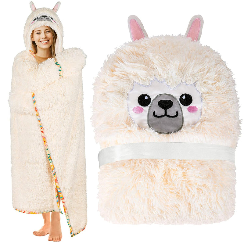 Llama Alpaca Wearable Hooded Blanket For Adults - Fluffy Super Soft Shaggy Fau