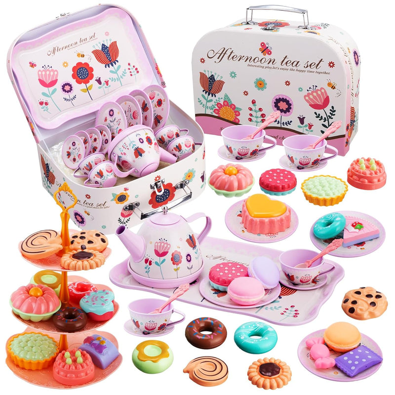 46Pcs Tea Set For Little Girls, Princess Tea Time Pretend Kitchen Toy With Bis