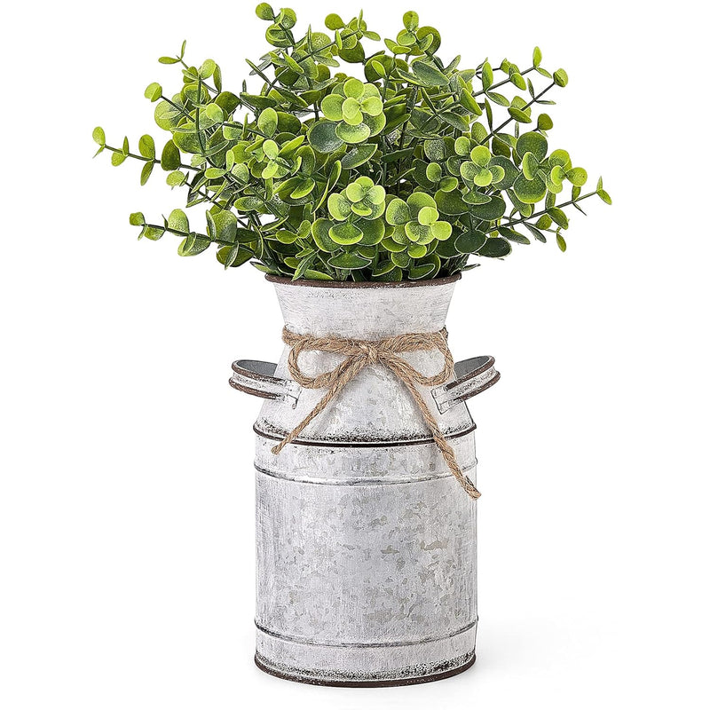 Metal Flower Vase With Artificial Eucalyptus Rustic Shabby Chic Milk Can Farmh
