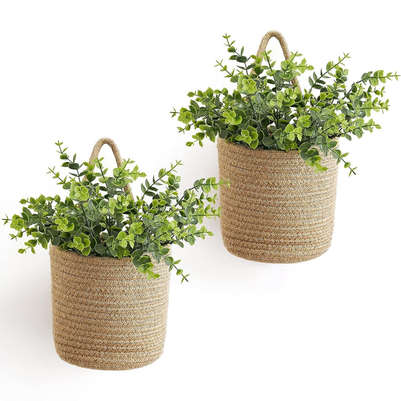 2 Pack Wall Hanging Rope Basket With Artificial Eucalyptus Farmhouse Decor, Ju