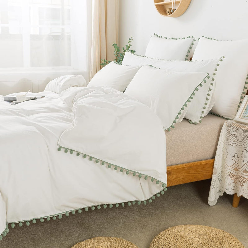 Boho Bedding Full Green Vintage Pom-Fringe Pompom Duvet Cover 3 Pcs Bohemian Q