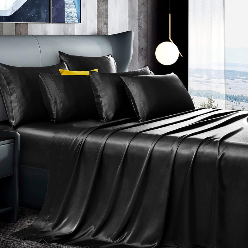 7Pcs Black Satin Sheets California King Silky Satin Bed Sheets Set, Luxurious