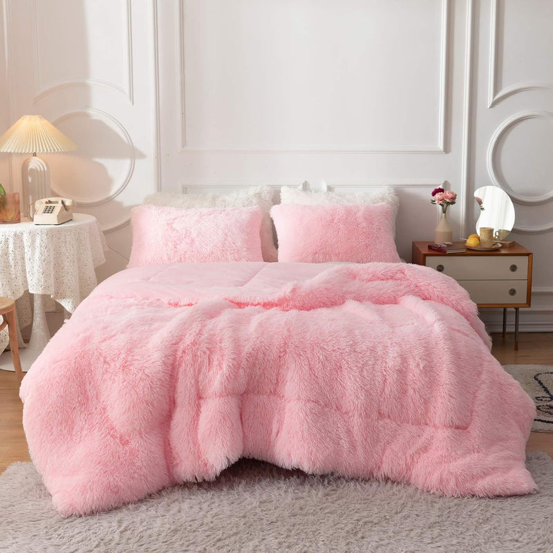 Faux Fur Comforter Set Queen 3Pcs Shaggy Plush Velvet Comforter Soft Fluffy Fu