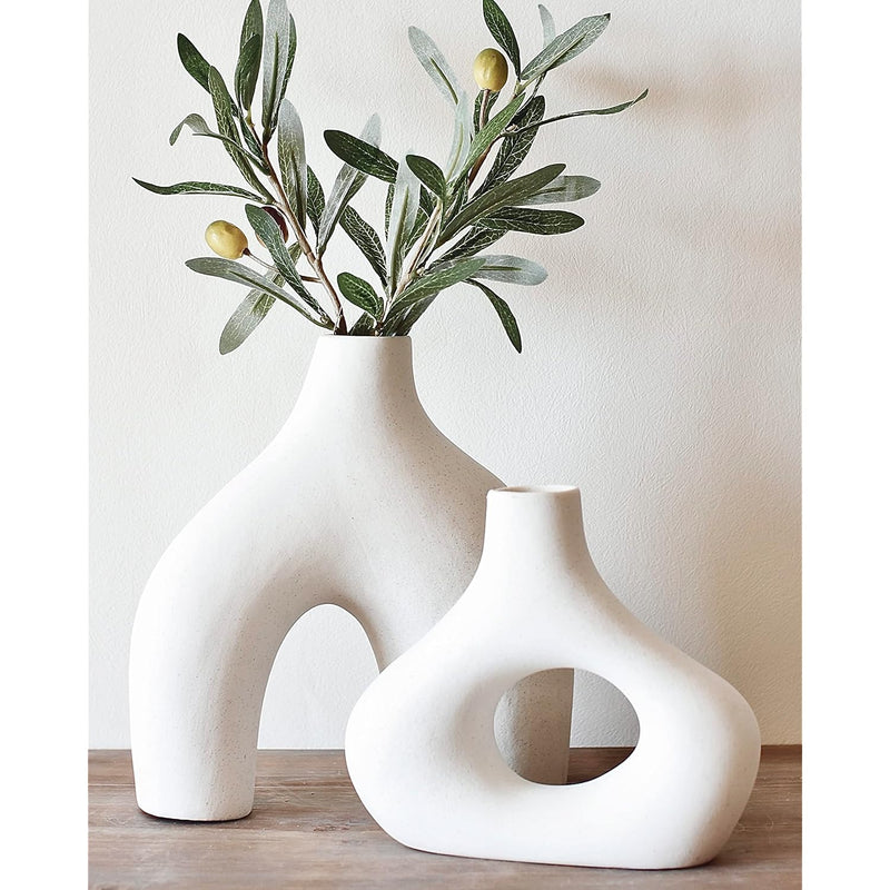 Donut Vase, Set Of 2 - Minimalist Nordic, White Ceramic Hollow Donut Vase Deco