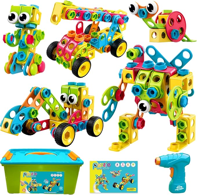 195-Piece STEM Building Kit with Electric Drill for Kids Ages 3+