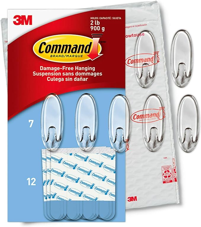 7 Medium Wall Hooks with 12 Command Strips - Damage-Free, Clear