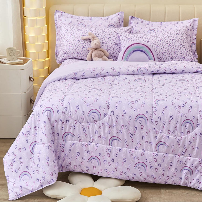 Twin Size Comforter Sets For Girls Kids, 6 Pieces Bed In A Bag Purple Love Hea