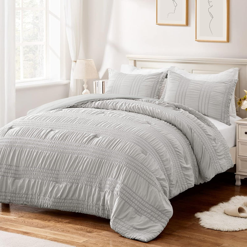  3 Pieces Queen Comforter Set(Grey, Stripe), Seersucker Lightweight Bedding Co