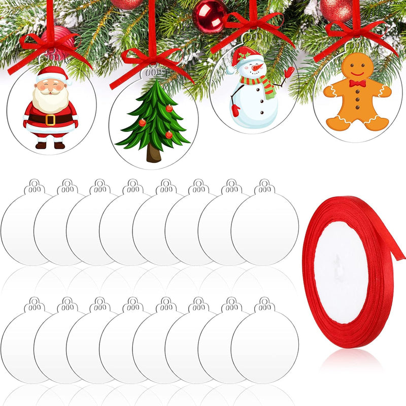 42 Pieces Round Acrylic Christmas Ornament With Red Ribbon Diy Blank Round Acr