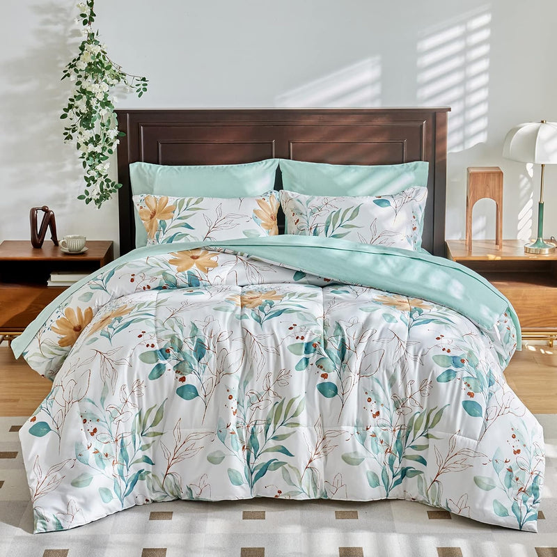 White Comforter Sheet Set With Green Leaves Botanical Bed In A Bag 7 Pieces Qu