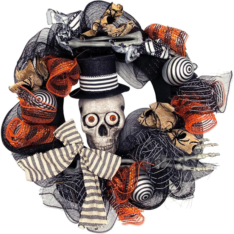 Halloween Skeleton Wreath, Seasonal Front Door Decoration With Skull, Fall Out