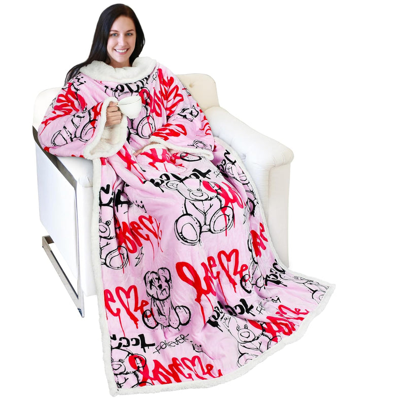 Sherpa Wearable Blanket With Sleeves Arms, Comfy Sleeved Tv Wrap Blanket, Larg