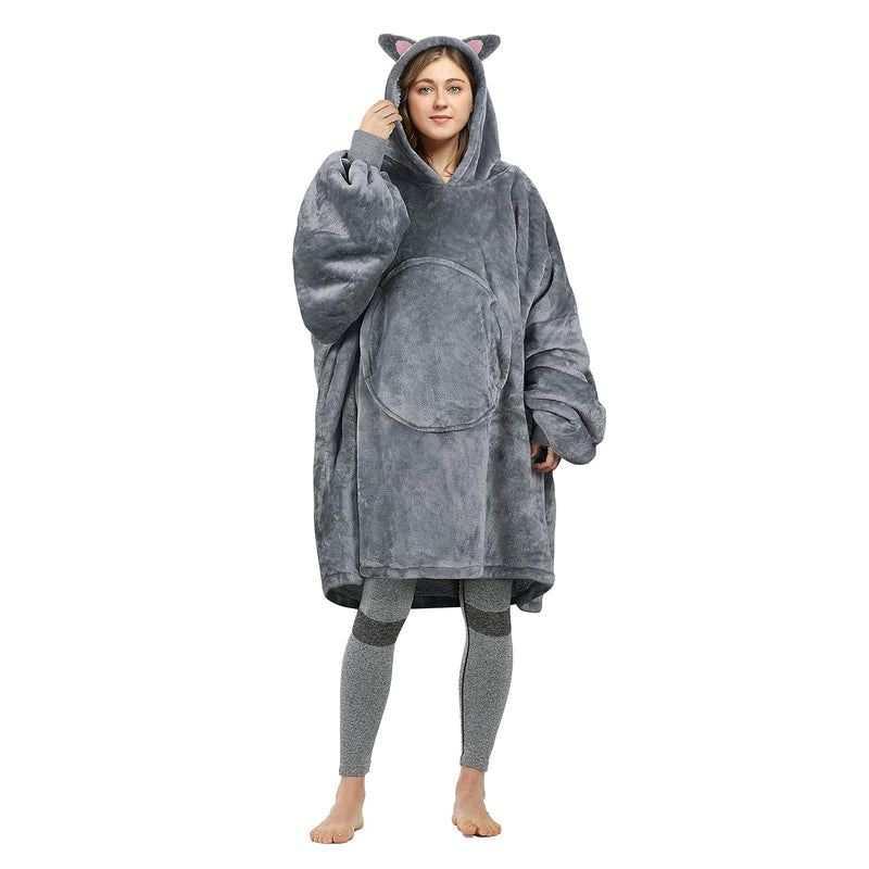 Cat Blanket Hoodie Sweatshirt, Oversized Wearable Sherpa Lounging Pullover For