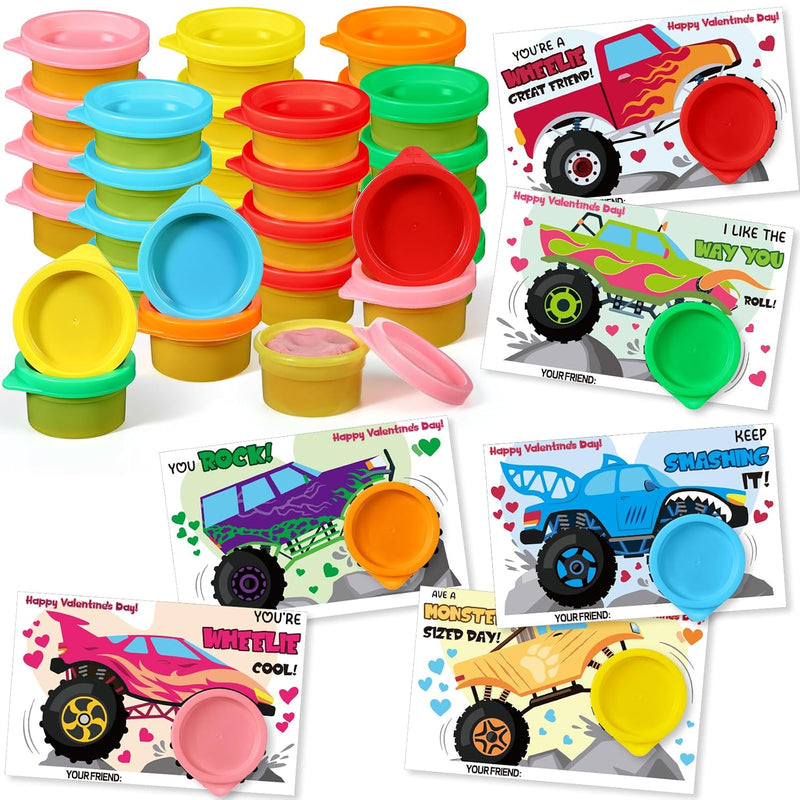 24 Sets Modeling Clay for Kids Mini Modelings Dough Bulk with Monster Truck Theme Cards and Goodies