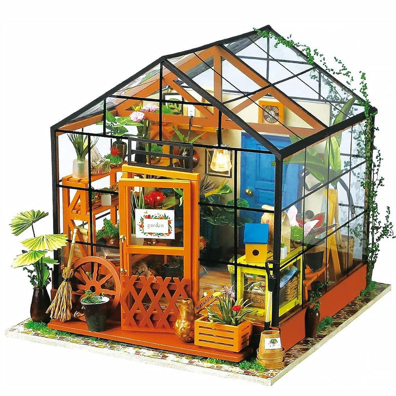 ROBOTIME DIY Dollhouse Wooden Miniature Furniture Kit Mini Green House with