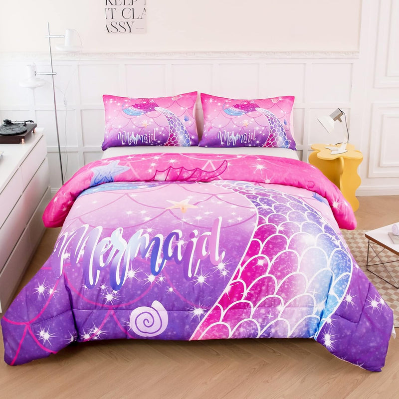 Twin Size Comforter Set 3D Mermaid Purple Quilt Set For Women Girls Teens Grad