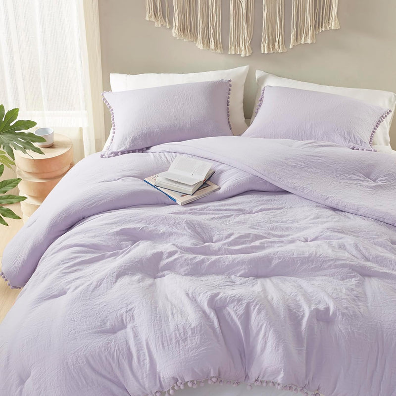 Lavender Purple Boho Twin Comforter Set For Girls, Aesthetic Pom Fringe Design