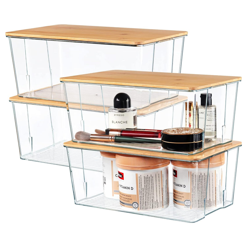 Clear Plastic Storage Organizer Bins With Bamboo Lids For Pantry Organization An