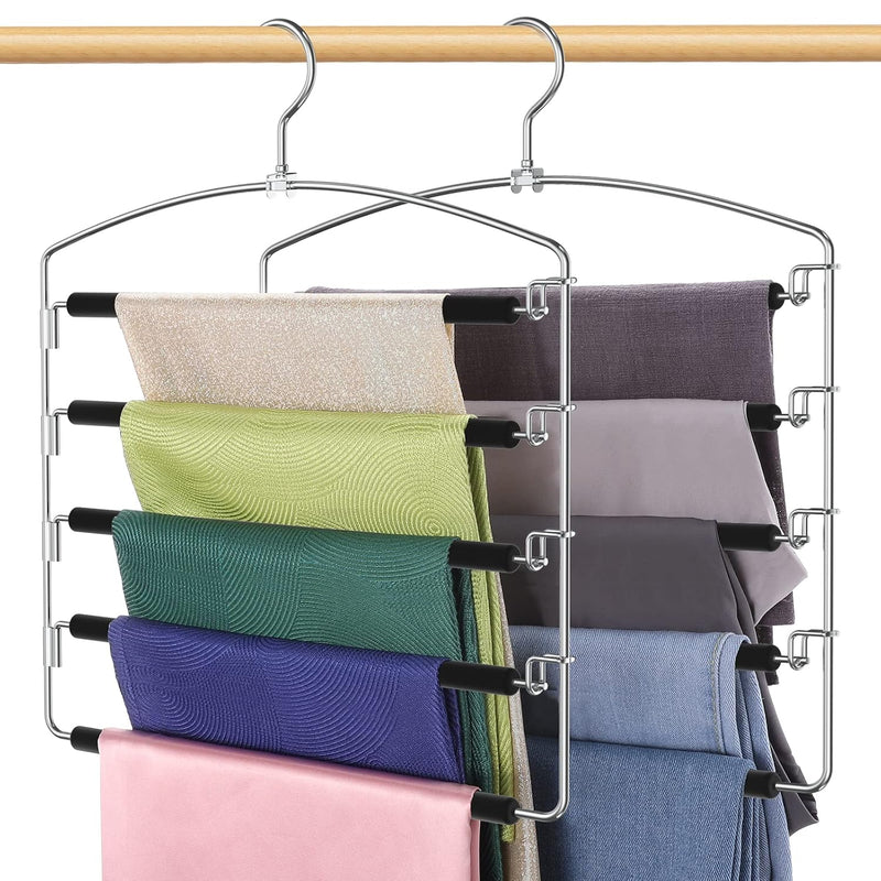5 Tier Pants Hangers Space Saving, 2 Pack Non-Slip Foam Padding Closet Organzier