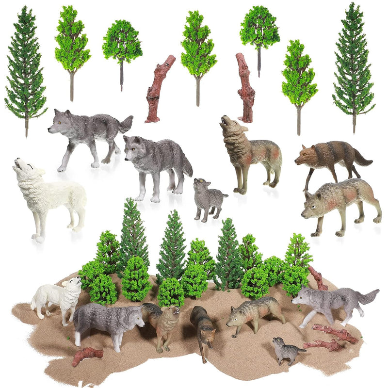 Sratte 26 Pcs Woodland Wolf Figurines Toys Model Trees Kit with Wolf Figuri