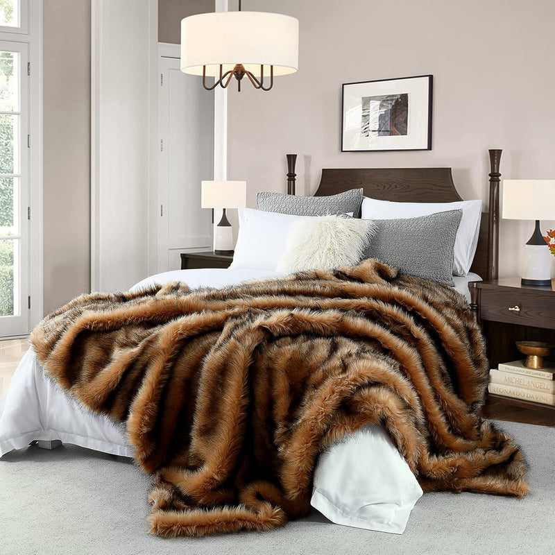 Luxury Plush Faux Fur Blanket Queen Size, Long Pile Brown With Black Tips Blan